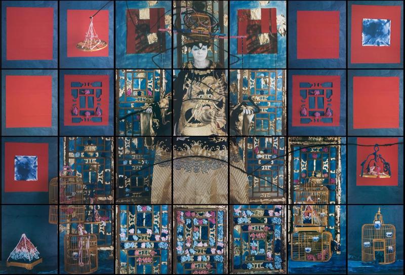 A collage of Caribbean and Chinese emblems and symbols with person as central figure