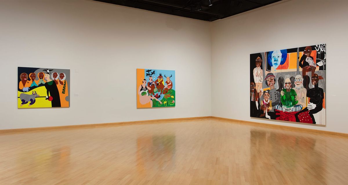 Installation view of three large scale paintings in narrative figurative painting