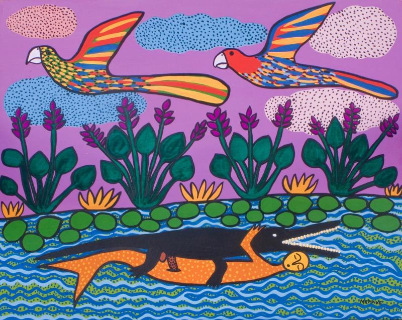Painting of symbols in river scene and birds overhead