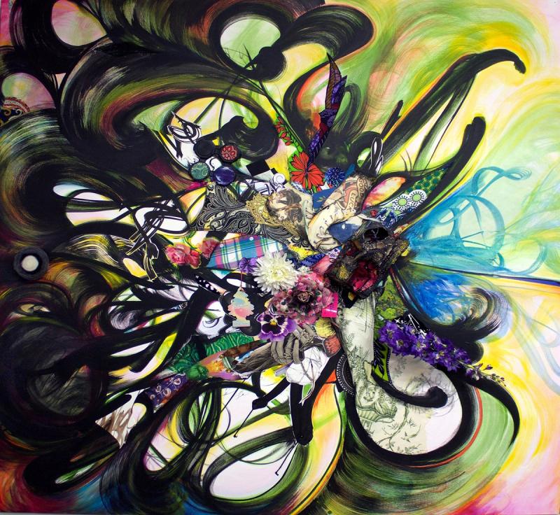 Mixed media painting with collage and objects on canvas over wood panel 60 x 60 x 8 in