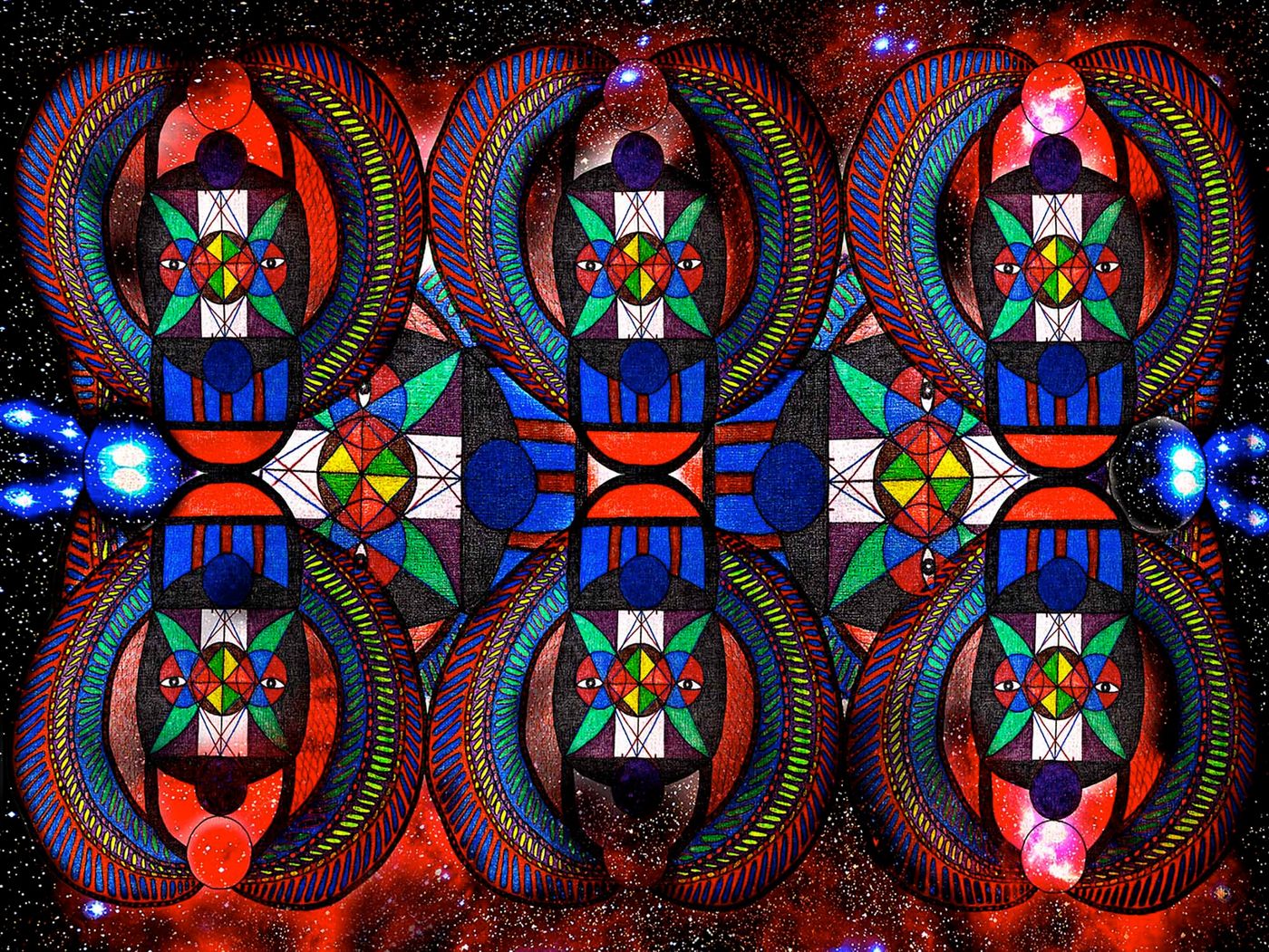 Golden mean equation represented as scarab pattern in primary colors on black backing.