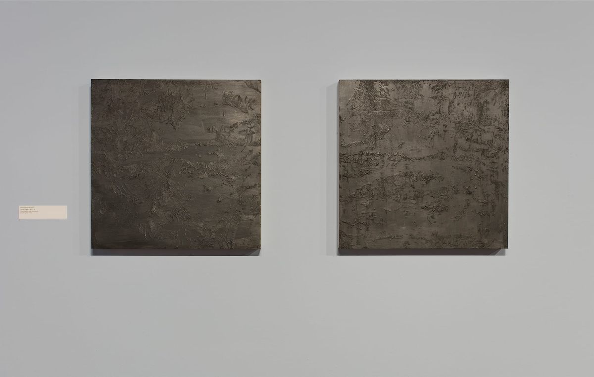 Monochromatic, topographic, mixed media in two pieces