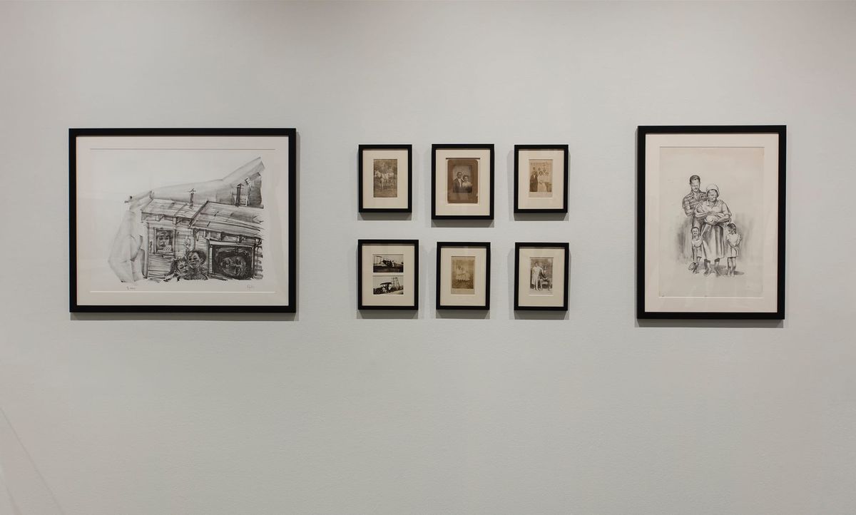 Installation view of framed artworks