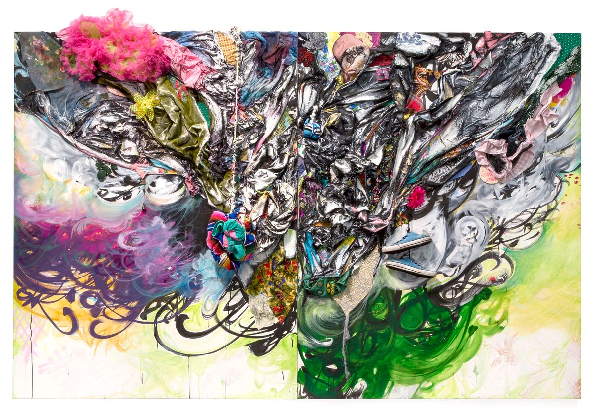 Mixed media mural of colorful aerosol detail and an overlay of blackened, light color fabric