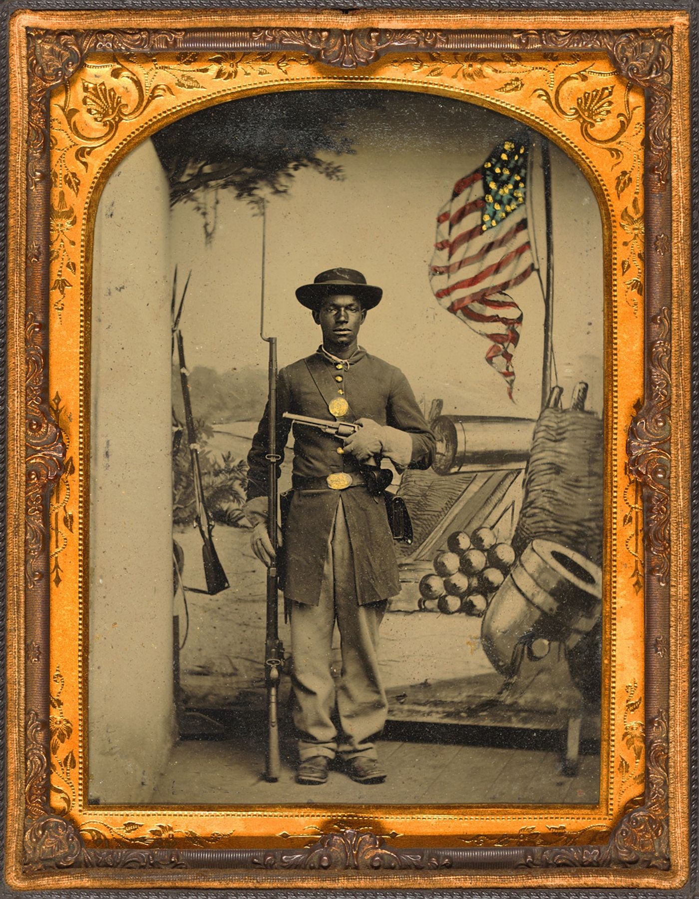 Standing Portrait of Enoch Long, Union Private at Benton Barracks, Missouri, ca. 1863–65