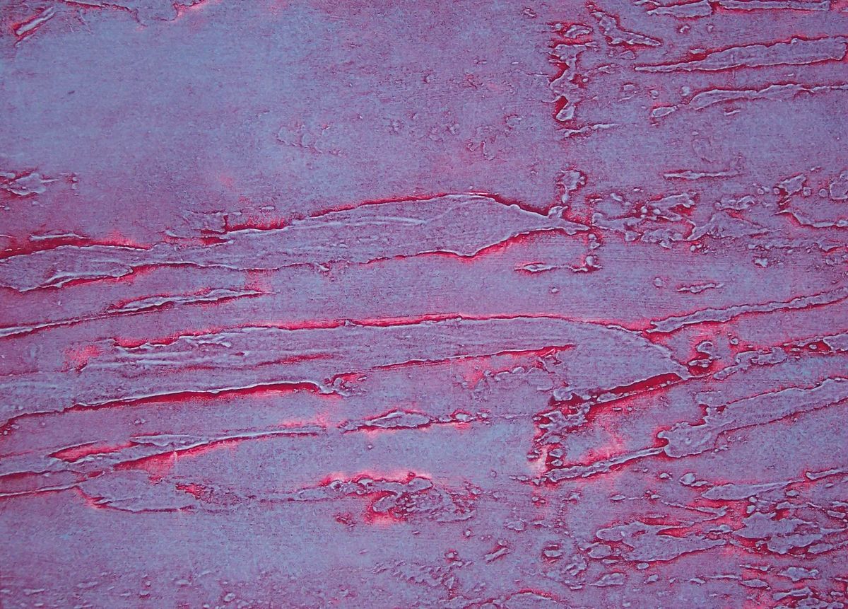 Multi Textured mixed media on canvas in blues with a crimson wash