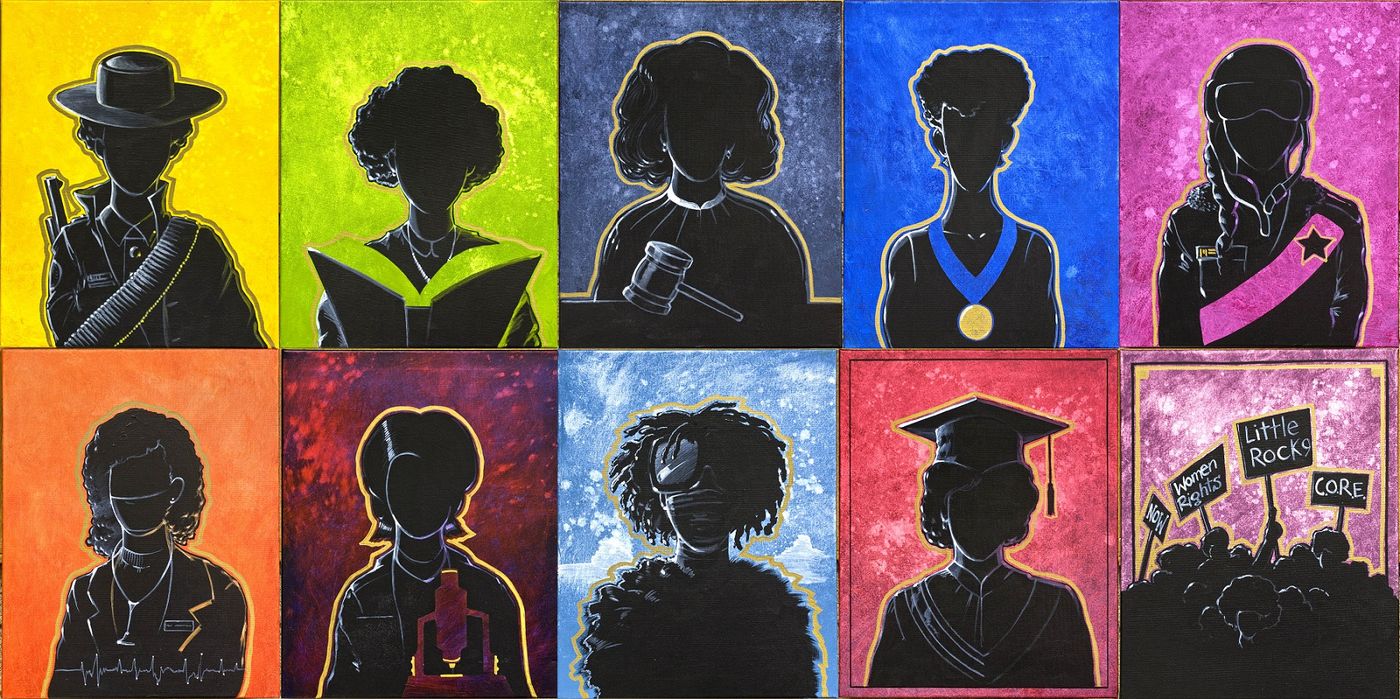 Ten portraits of women in silhouette against different color backgrounds