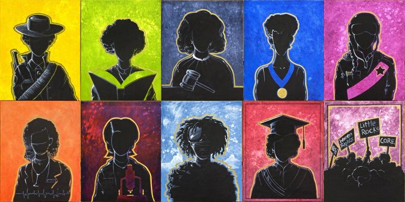 Ten portraits of women in silhouette against different color backgrounds