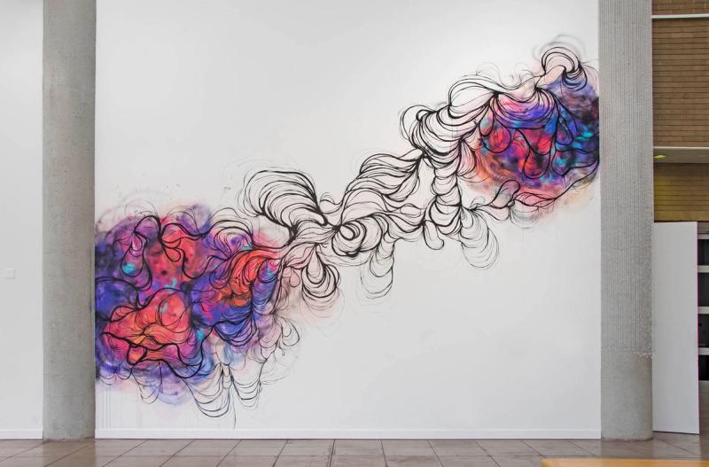 Billowing swirls reaching diagonally from left to right partially filled with magentas, oranges, blues, and lilacs