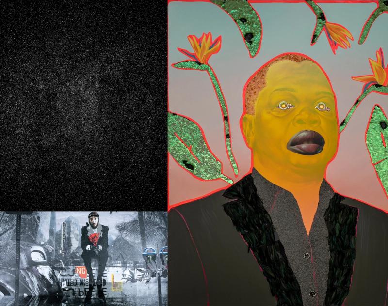 Upper left: Knowledge Bennett (b. 1976), Black Excellence, 2018, Courtesy of the artist.Bottom left: Shaunte Gates (b. 1979), [Dick Gregory] Light Side Dark Side, 2018, Courtesy of the artist. Right: Devan Shimoyama (b. 1989) [Kehinde Wiley] Kehinde, 2018 Courtesy of the artist.
