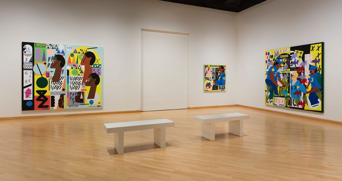 Installation view of vividly colored paintings in narrative figurative style