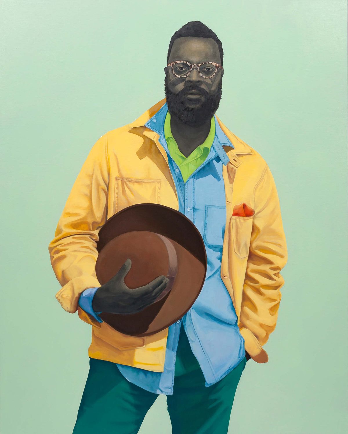 A painting of African American man holding a hat