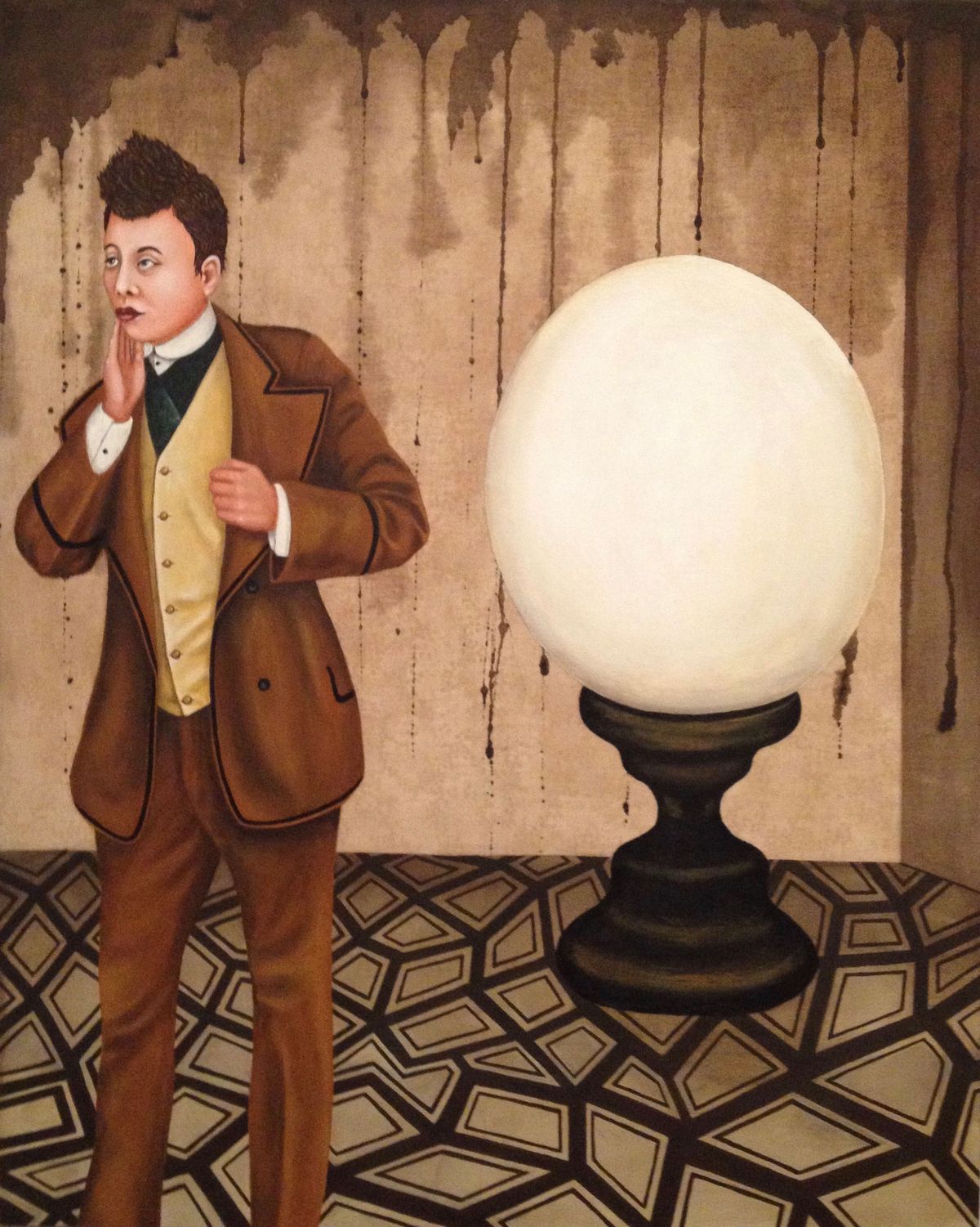 Person in suit of clothes and waistcoat looking away from an equally sized egg