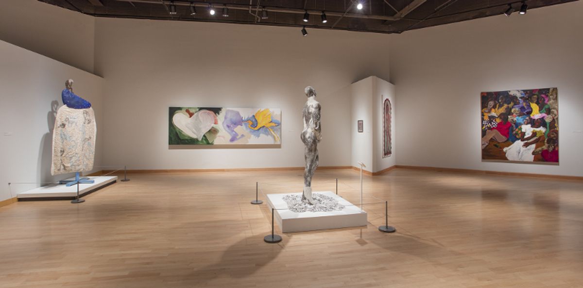 Installation view of paintings and sculpture