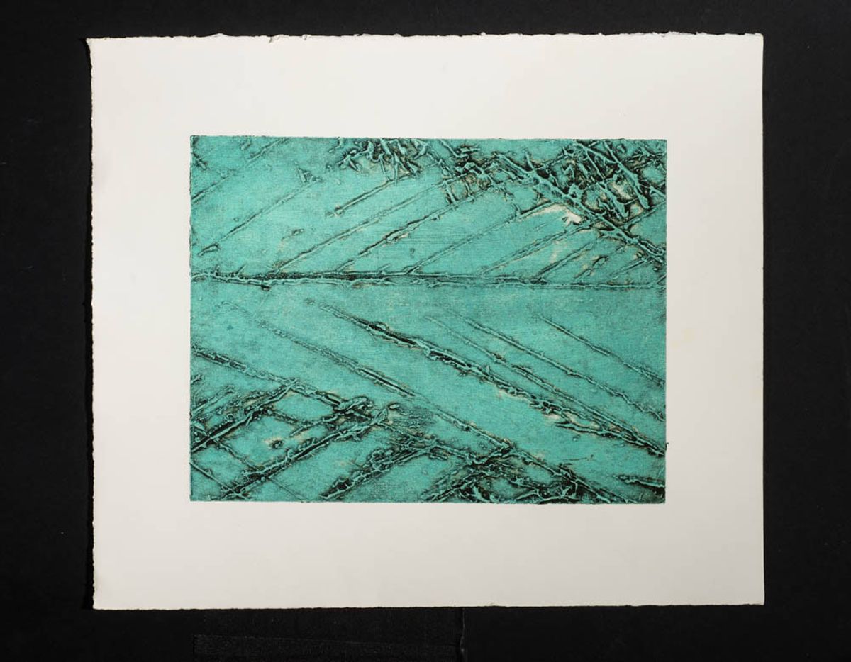 Framed multi textured work in teals