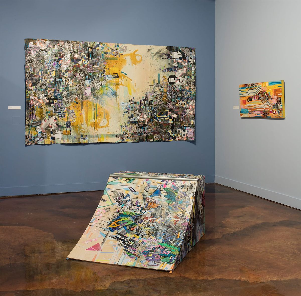 Exhibition view of large scale work and 3D objects