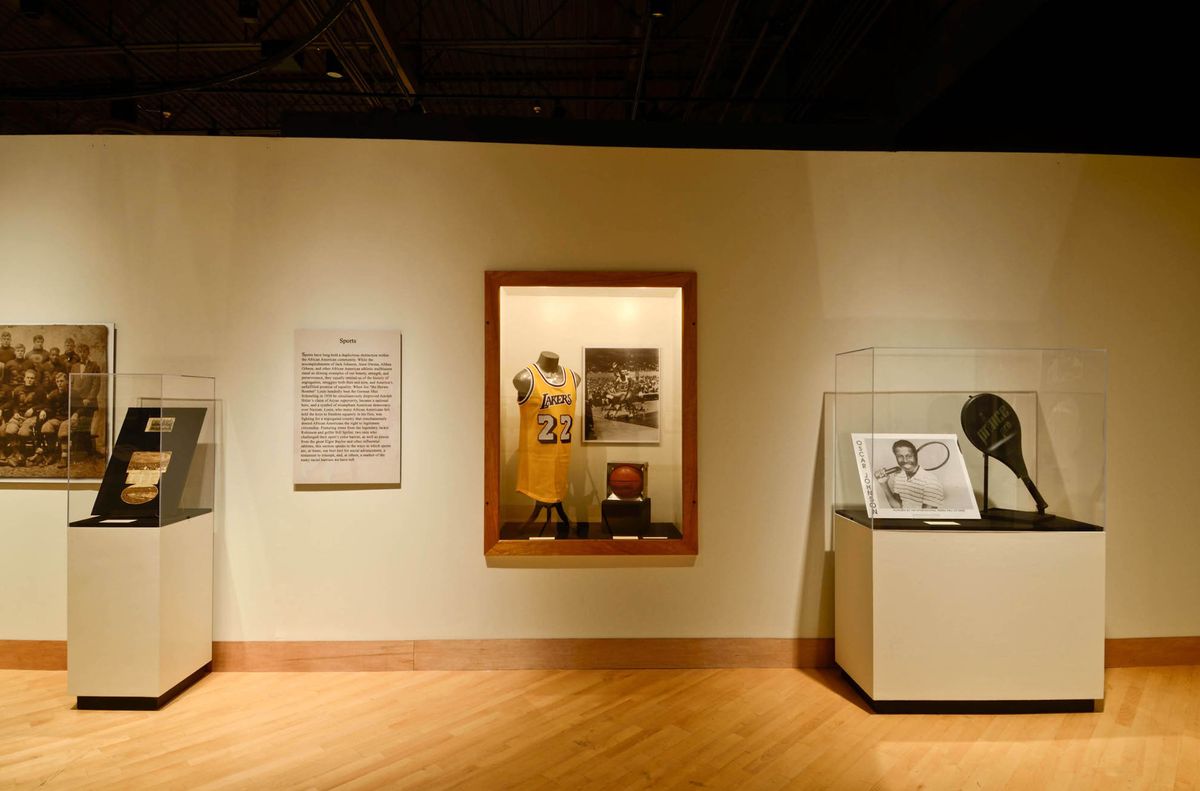 Installation view of sports memorabilia
