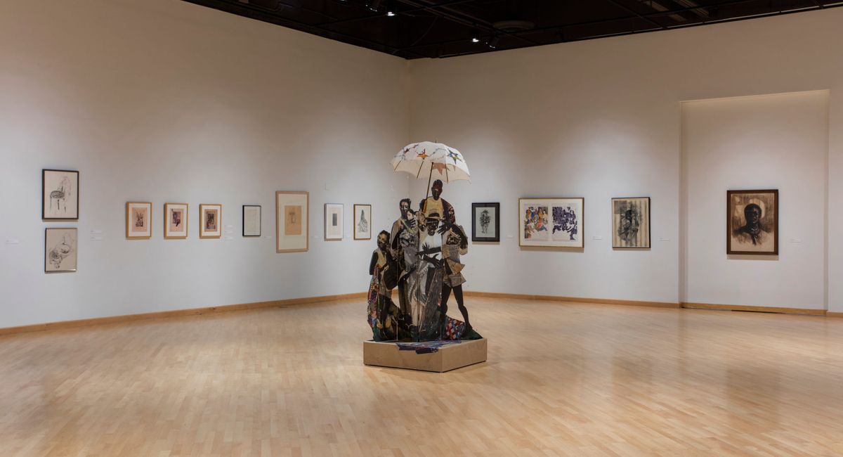 Collage of life-sized photos assembled as standing screen