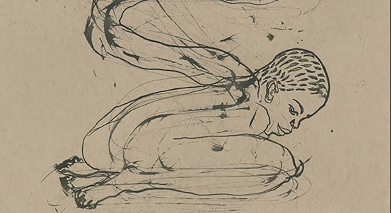 Ink on paper gesture drawing of woman folded forward with her arms raised behind her back