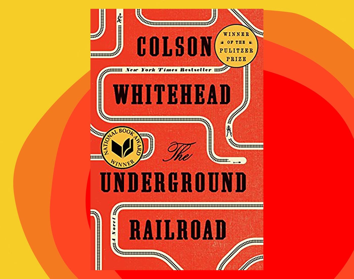 Lines of railroad track tunneling around cover with silhouette of a person in each set of tracks