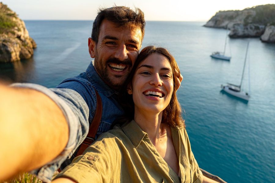 A smiling couple takes a selfie on a sunny cliffside overlooking a beautiful blue ocean bay with anchored sailboats, illustrating the ultimate freedom of planning early for a lifetime of retirement travel.