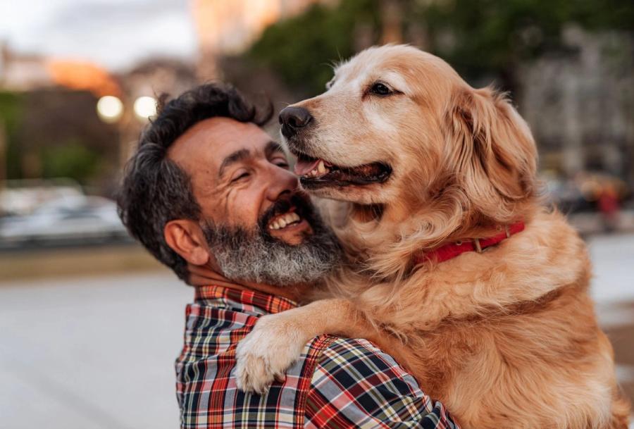 A middle-aged man with a graying beard smiles warmly as he holds his golden retriever outdoors, enjoying the financial peace of mind that comes with securing a reliable average retirement income.