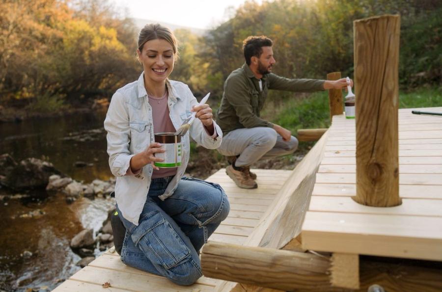 A couple smiles while staining a wooden deck on a riverside dock, representing a lifestyle goal planned for in a retirement planning guide.