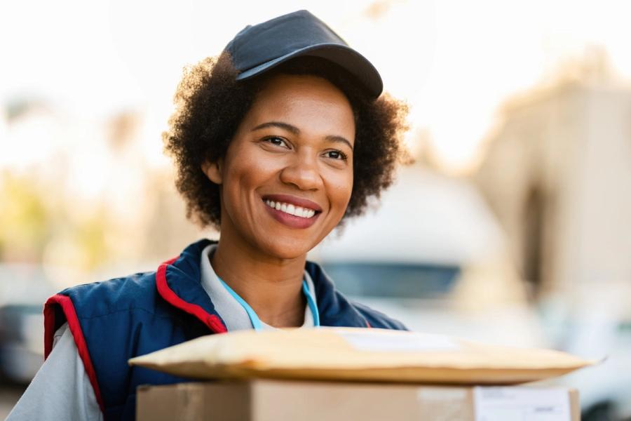 Smiling delivery worker in a cap and vest carrying packages outdoors