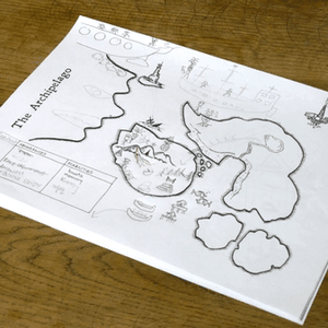 Przykład mapy uzupełnionej rysunkami graczy w trakcie rozgrywki (The Quiet Year)