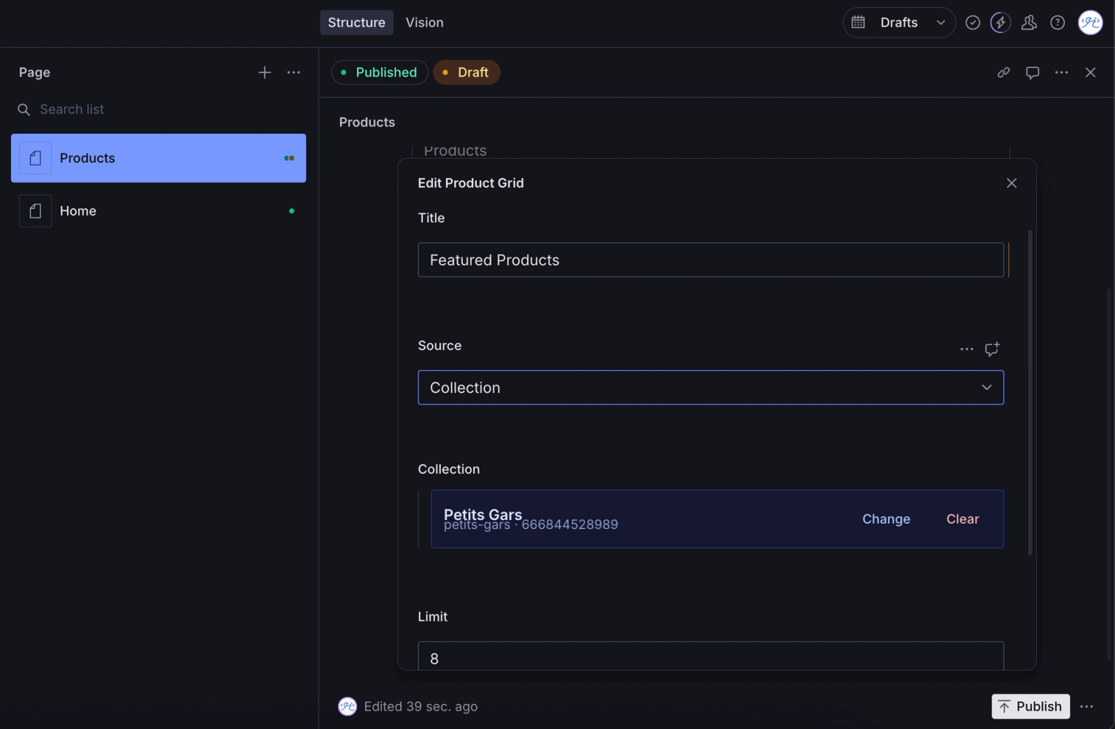 The CMS, created with Sanity, automatically retrieves the desired information from Shopify (here, all products corresponding to a certain category), passes the necessary information (Title of the grid, and the information of each product individually) to the interface which can then generate a component to make it visible and interactive.