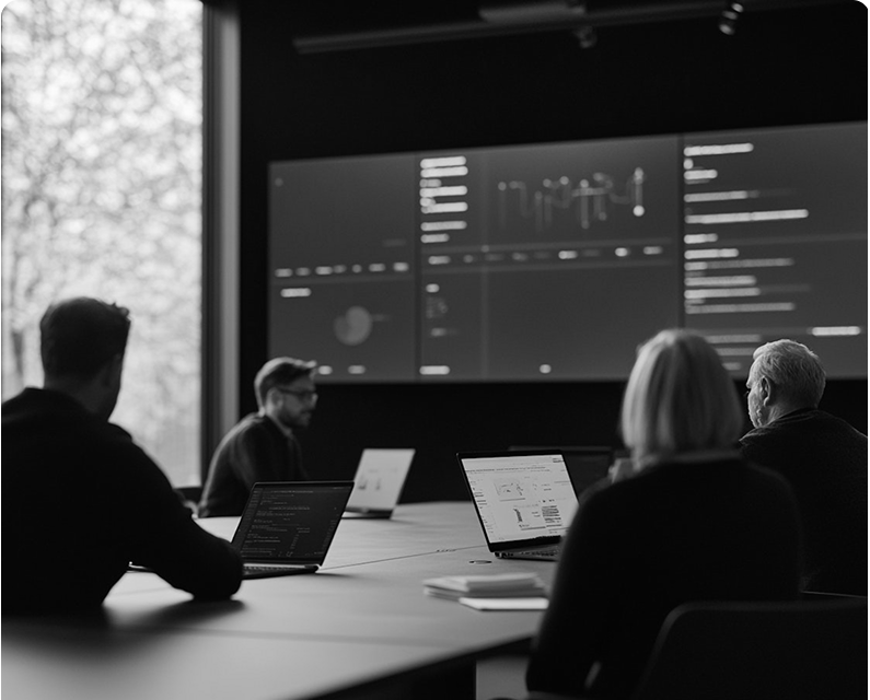 Team having a meeting while viewing a presentation on a large screen