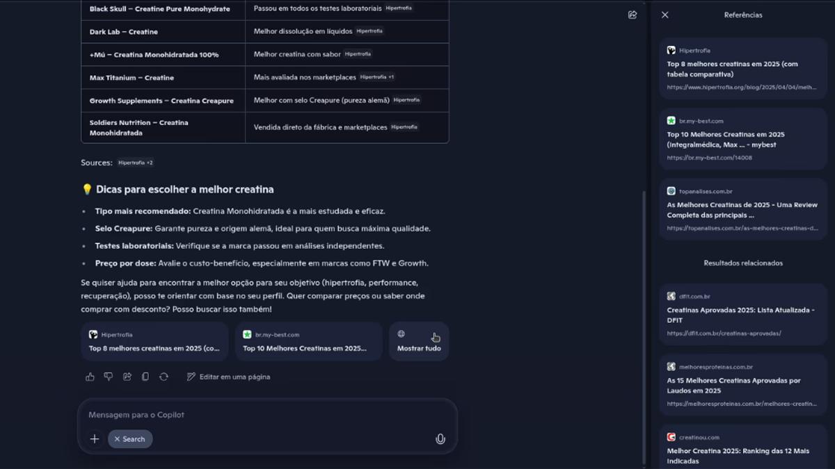 O recurso 'Mostrar tudo' apresenta uma lista agregada de todas as referências usadas pela IA para compor a resposta.