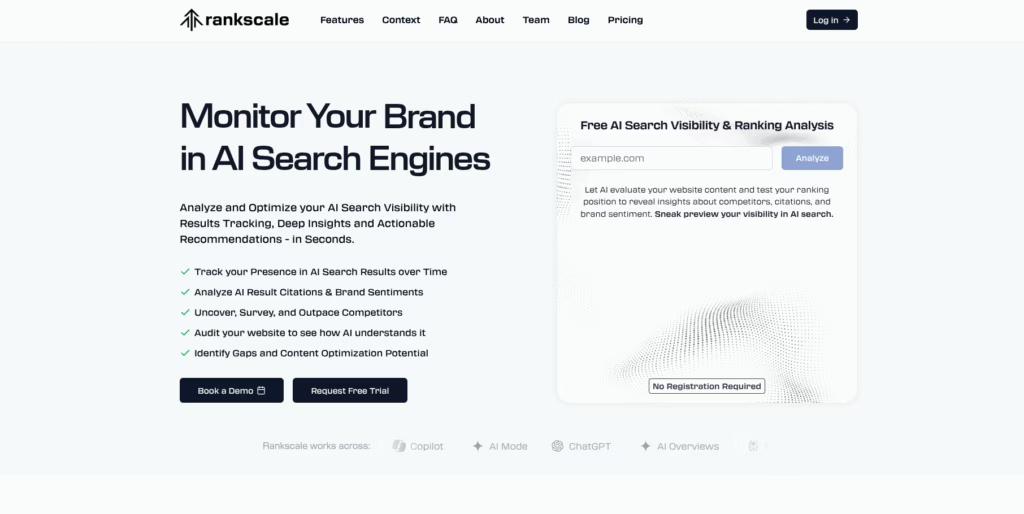 Screenshot of Rankscale's landing page interface focused on generative engine rankings.