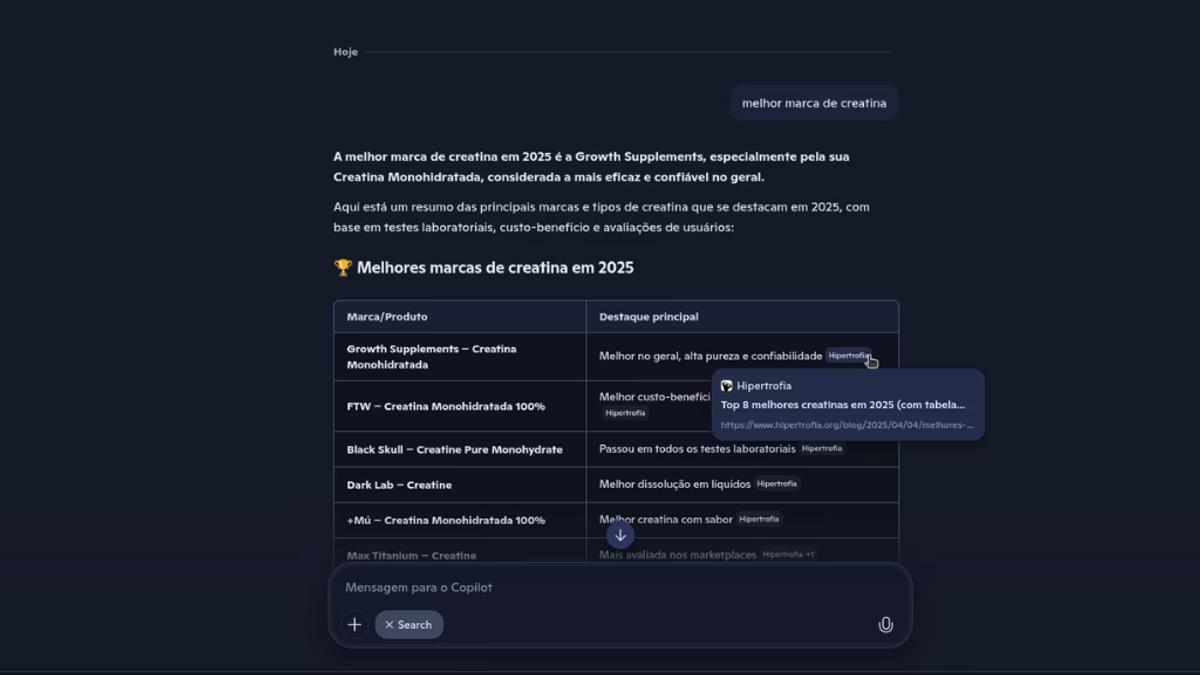 A nova interface do Copilot exibe citações numeradas e clicáveis diretamente no corpo da resposta, permitindo a verificação imediata da fonte.