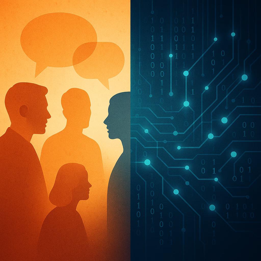 Comparativo visual entre reputação humana, mostrada por pessoas conversando, e reputação algorítmica, representada por fluxos de dados digitais.