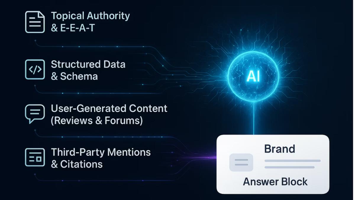 Illustration of an AI core processing various trust signals like topical authority, structured data, and user content to generate a trusted brand answer.
