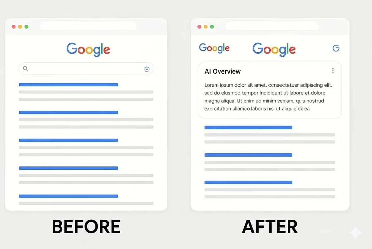 Visual comparison of Google search results page: traditional link list versus the new layout with AI Overview dominating the top.