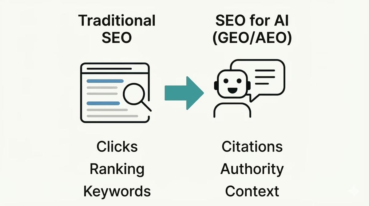 Infographic comparing Traditional SEO, focused on clicks and rankings, with AI SEO (GEO/AEO), focused on citations and context.