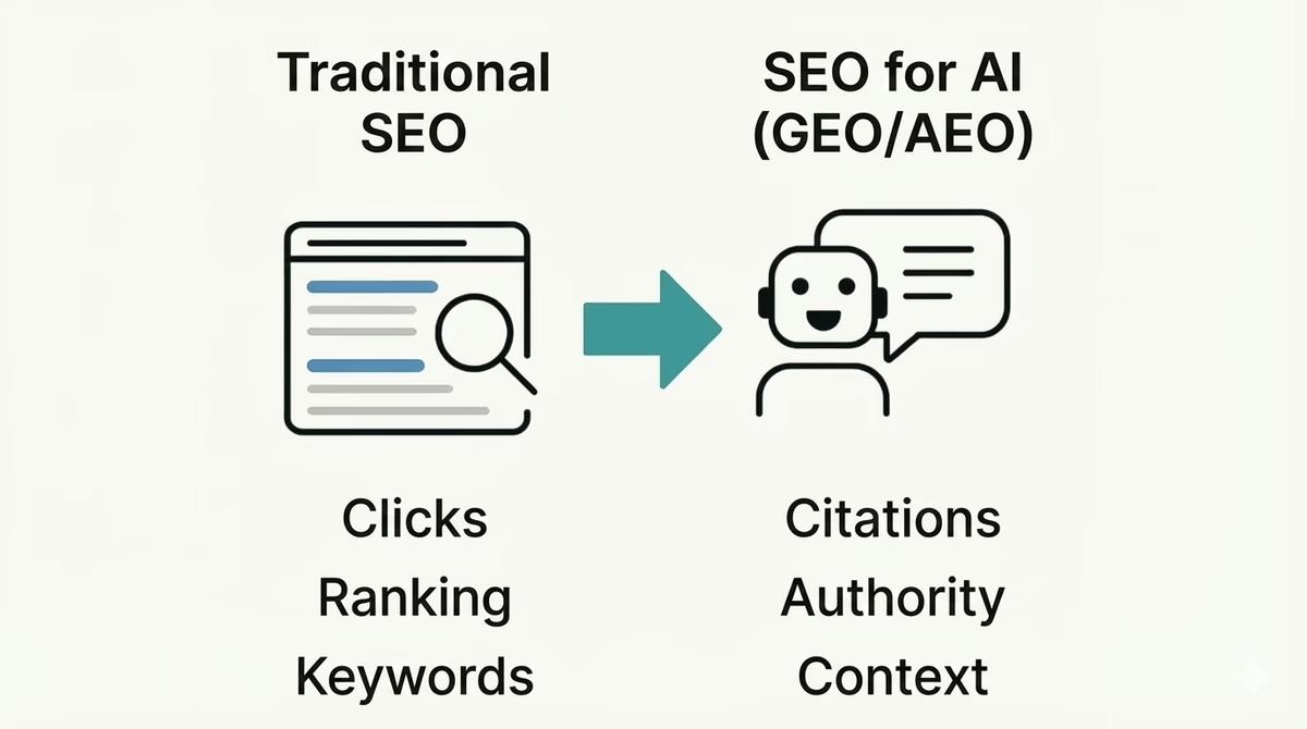 Infographic comparing Traditional SEO, focused on clicks and rankings, with AI SEO (GEO/AEO), focused on citations and context.