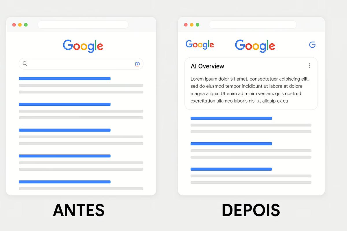 Comparação visual da página de resultados do Google: lista de links tradicional versus o novo layout com AI Overview dominando o topo (AEO vs GEO vs SEO).
