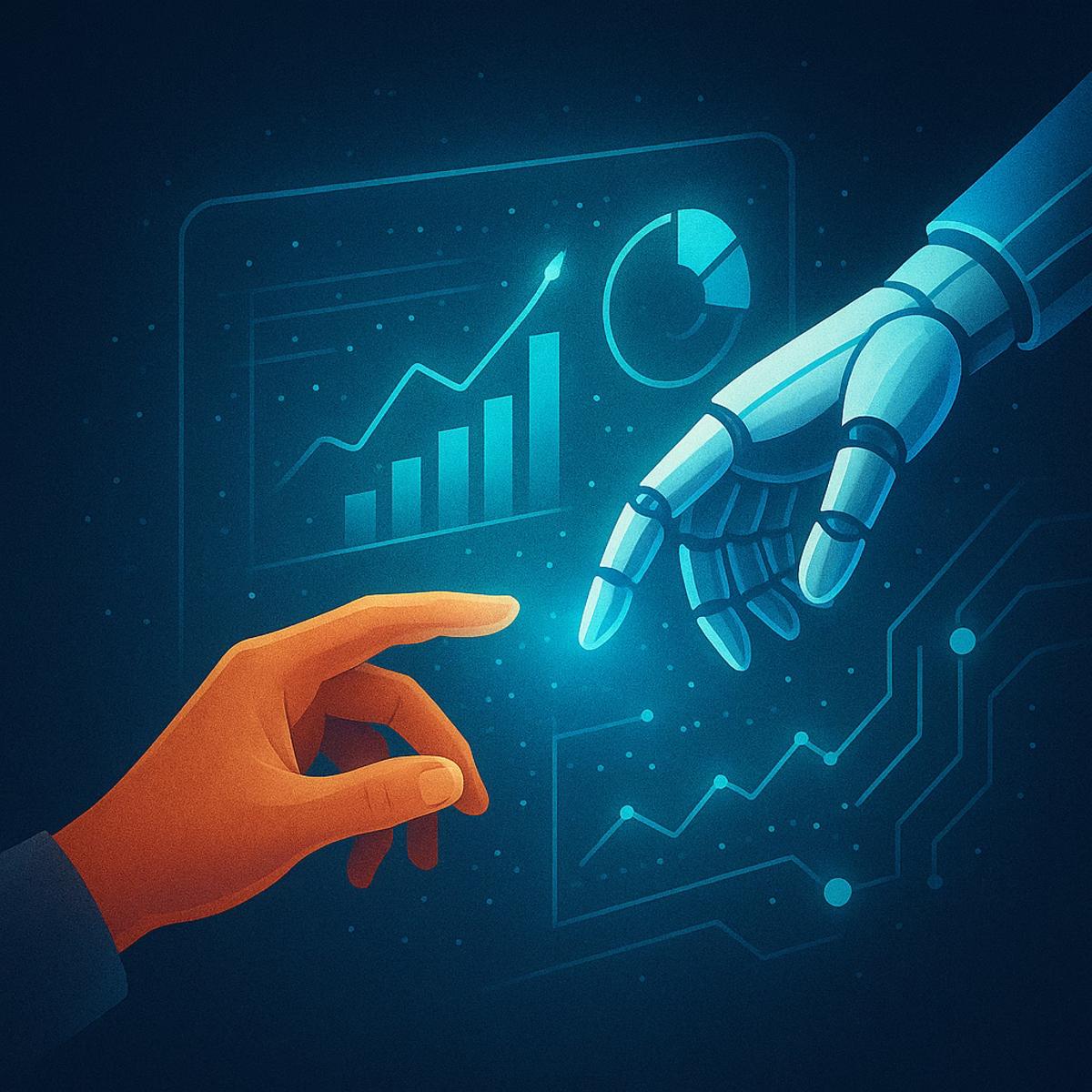 Mão humana e mão de IA colaborando em uma interface digital, simbolizando o futuro da gestão de reputação corporativa e brand trust.