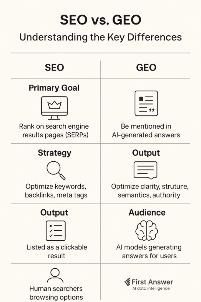 Comparison chart between SEO and GEO (Generative Engine Optimization). SEO focuses on ranking in search engines using keywords and backlinks, while GEO aims to be mentioned in AI-generated answers by optimizing clarity, structure, and authority. The audience in SEO is human searchers; in GEO, it's AI models generating answers.