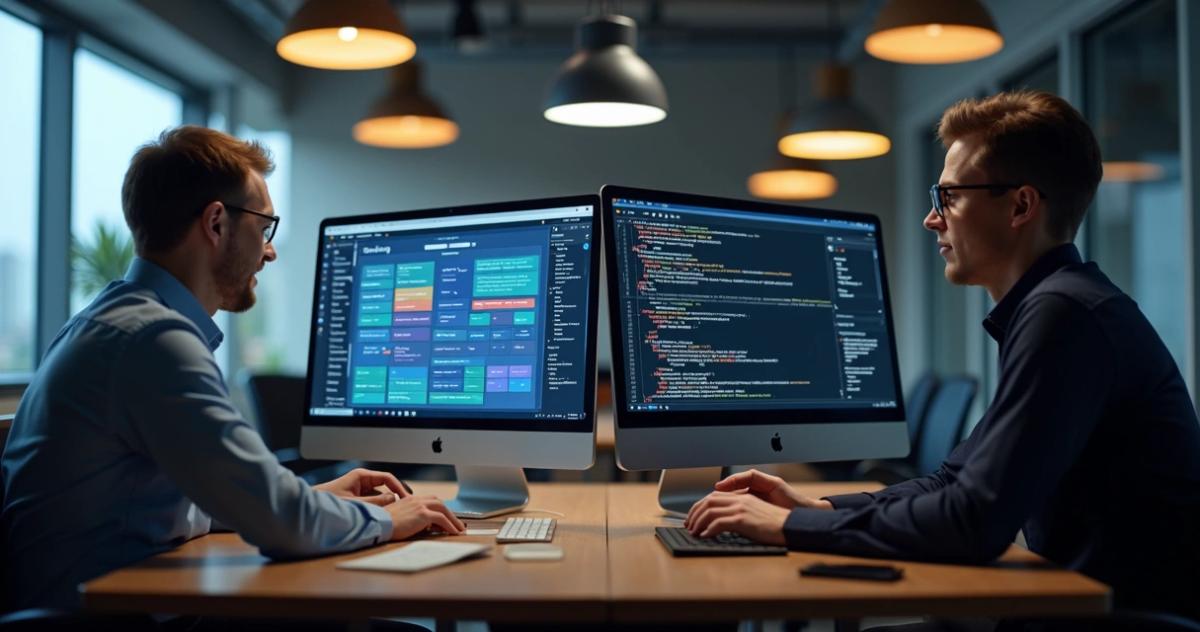 Pessoas usando computadores lado a lado, uma acessando interface web e outra trabalhando em uma tela de código