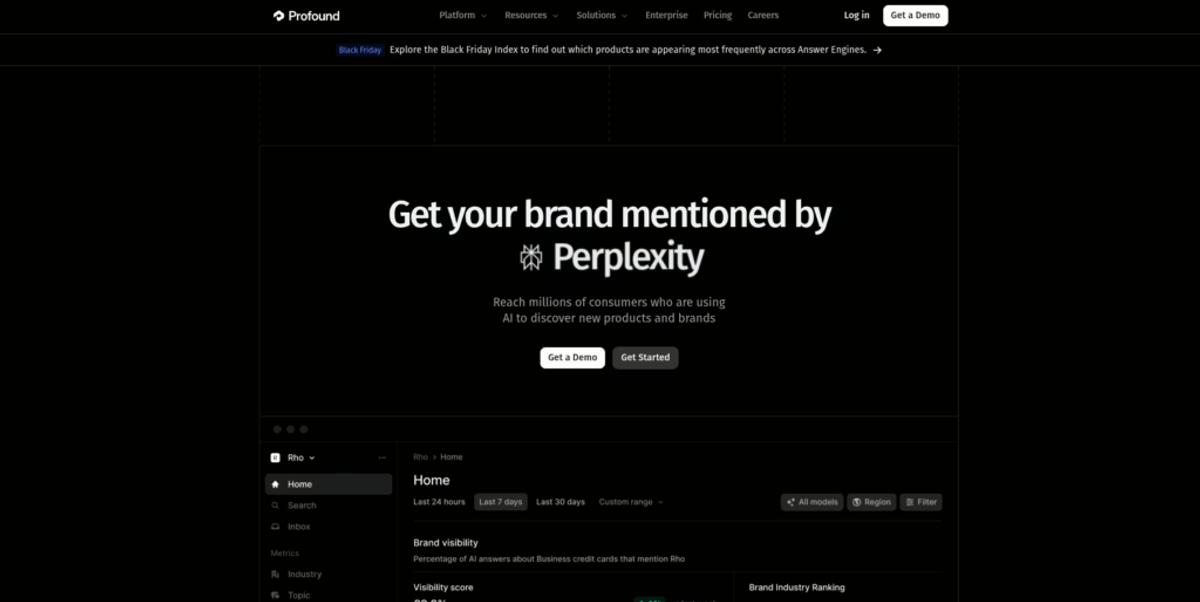 Profound platform landing page interface showing search visibility metrics.