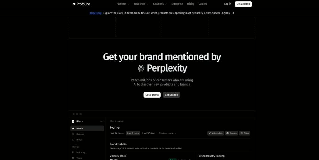 Profound platform landing page interface showing search visibility metrics.