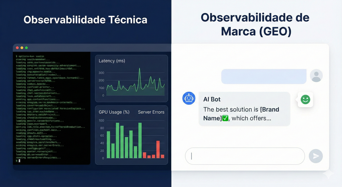 Diagrama comparativo ilustrando o foco da observabilidade técnica (engenharia e infraestrutura) versus a observabilidade de marca (marketing e visibilidade) para o monitoramento de LLM.