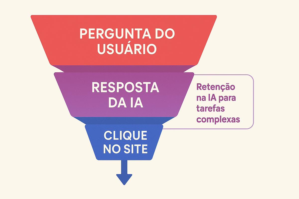 Gráfico do novo funil de busca mostrando como a IA retém o usuário na fase de resposta, reduzindo cliques para sites externos.
