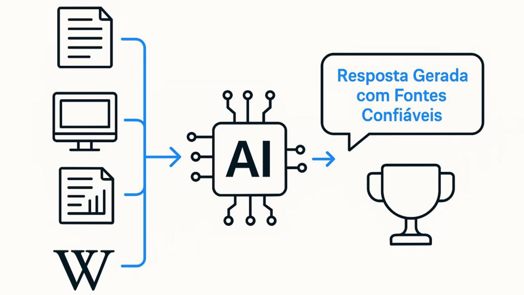 Infográfico mostrando o processo da IA ao coletar dados de fontes confiáveis como notícias e pesquisas para formular uma resposta final e citar uma marca.
