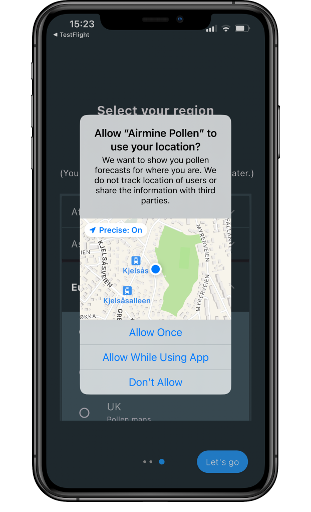 Airmine app - allow location services