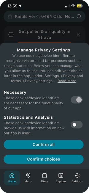 Airmine app - privacy settings